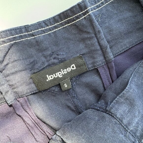 Desigual Baggy Trouser Pants Navy Coastal Preppy Cord Belt Small - Picture 9 of 9